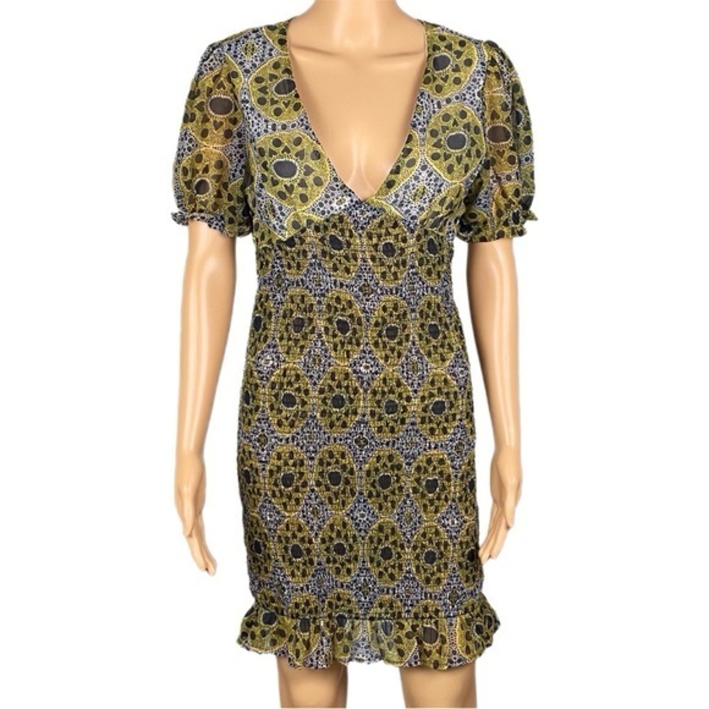 AREA STARS Aurora Smocked Mini Dress with puff sleeves and ruffles Medium EUC